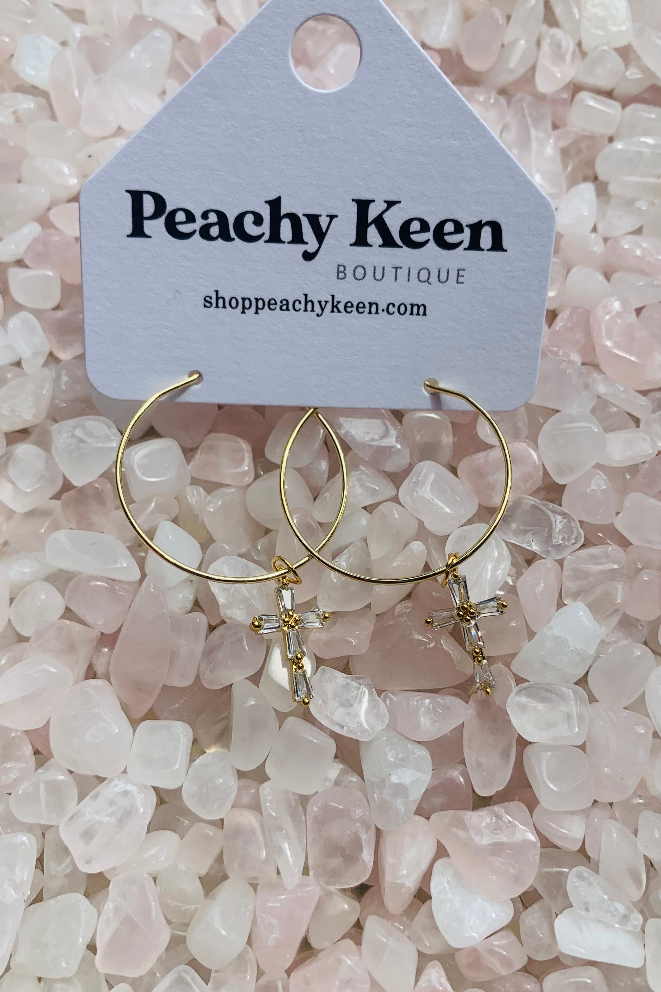 Mary Gold Hoop Cross Earrings-Jewelry - Earrings-Haute Mess Jewelry-Peachy Keen Boutique, Women's Fashion Boutique, Located in Cape Girardeau and Dexter, MO