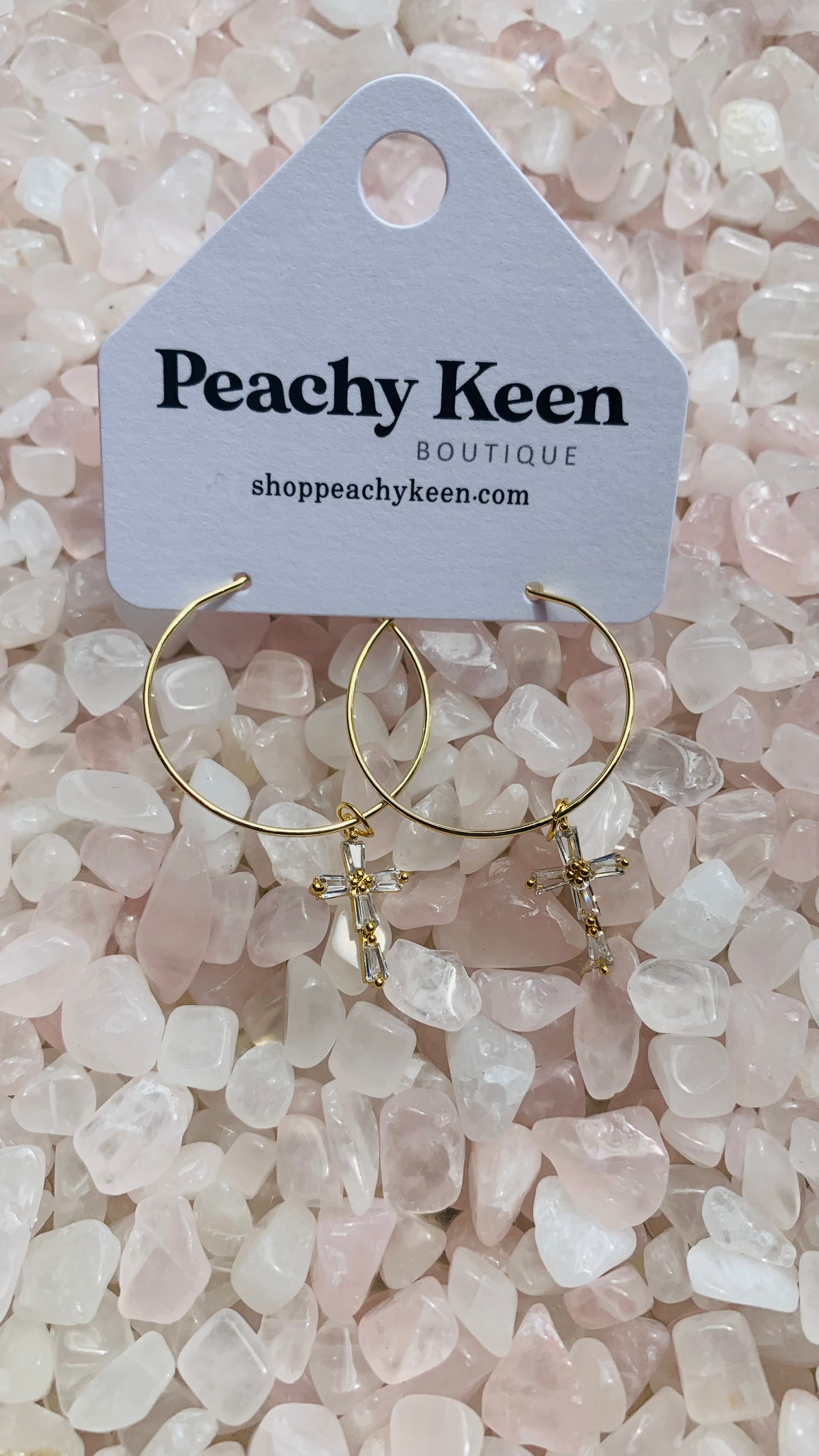 Mary Gold Hoop Cross Earrings-Jewelry - Earrings-Haute Mess Jewelry-Peachy Keen Boutique, Women's Fashion Boutique, Located in Cape Girardeau and Dexter, MO