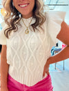 White Cable Knit Flutter Sleeve Sweater Top