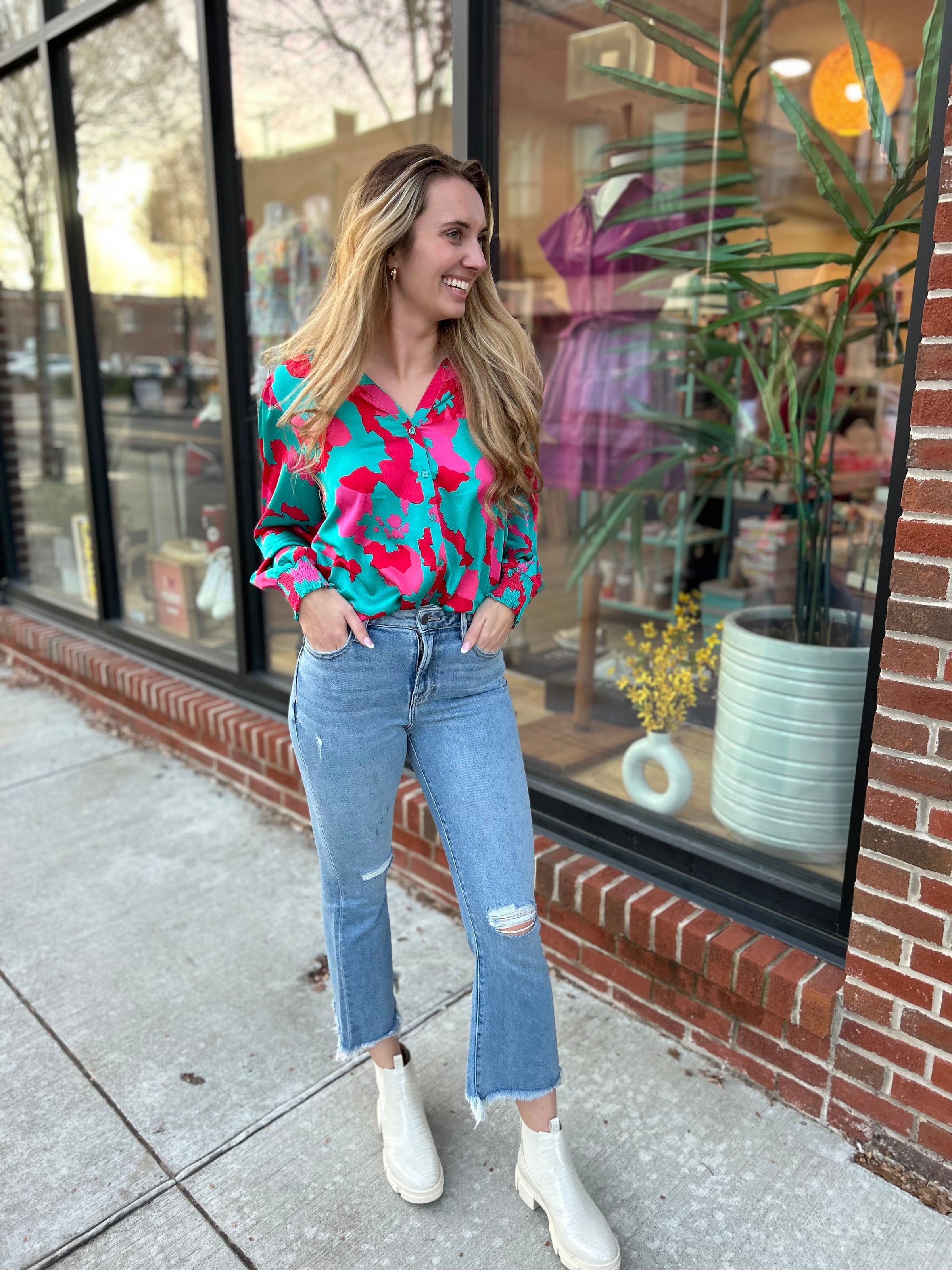 Teal & Pink Floral Button Down Blouse-long sleeve blouse-Entro-Peachy Keen Boutique, Women's Fashion Boutique, Located in Cape Girardeau and Dexter, MO