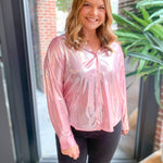 Regina Metallic Pink Button Up Top-Tops - Blouses-Main Strip-Peachy Keen Boutique, Women's Fashion Boutique, Located in Cape Girardeau and Dexter, MO