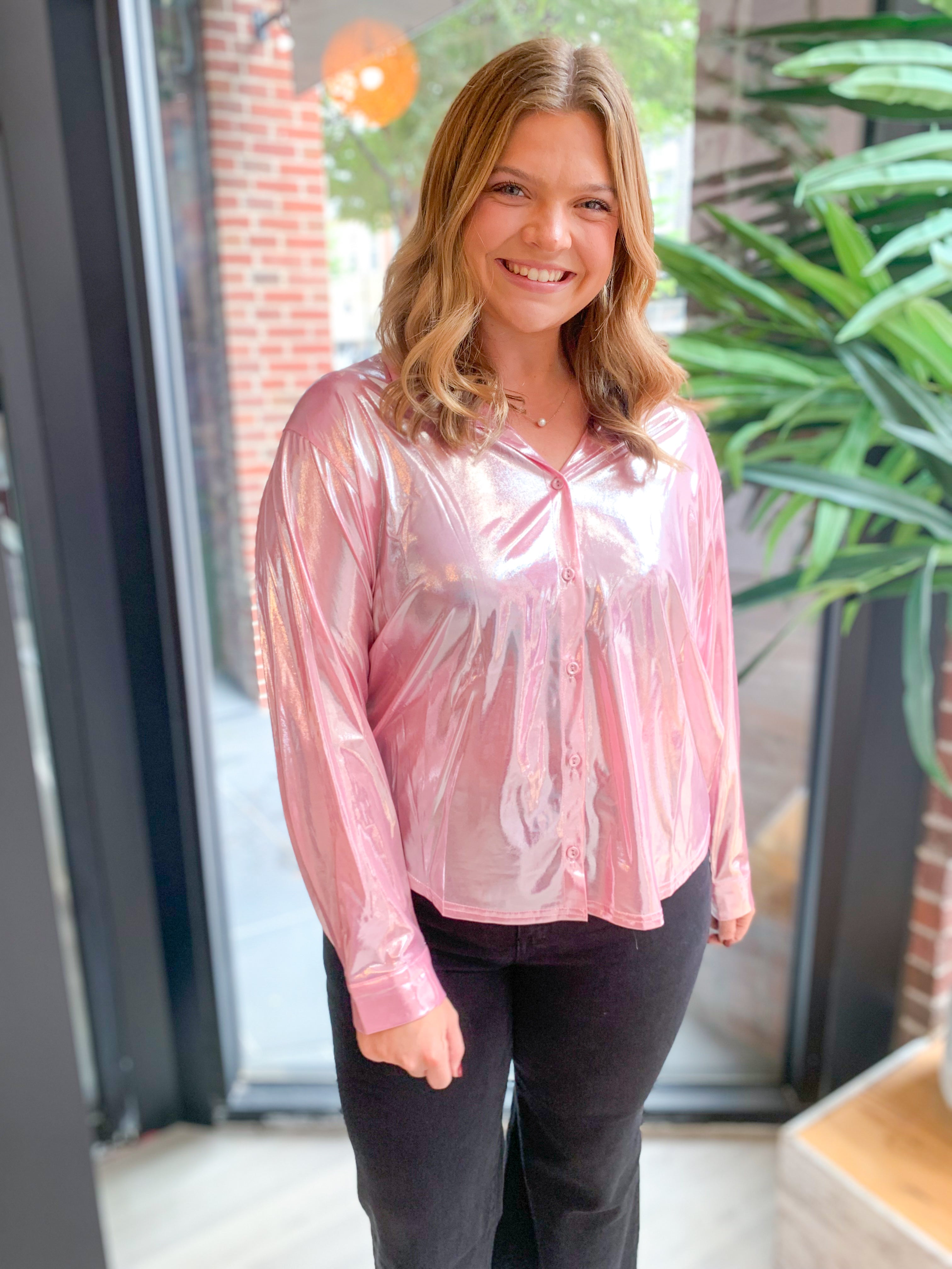 Regina Metallic Pink Button Up Top-Tops - Blouses-Main Strip-Peachy Keen Boutique, Women's Fashion Boutique, Located in Cape Girardeau and Dexter, MO