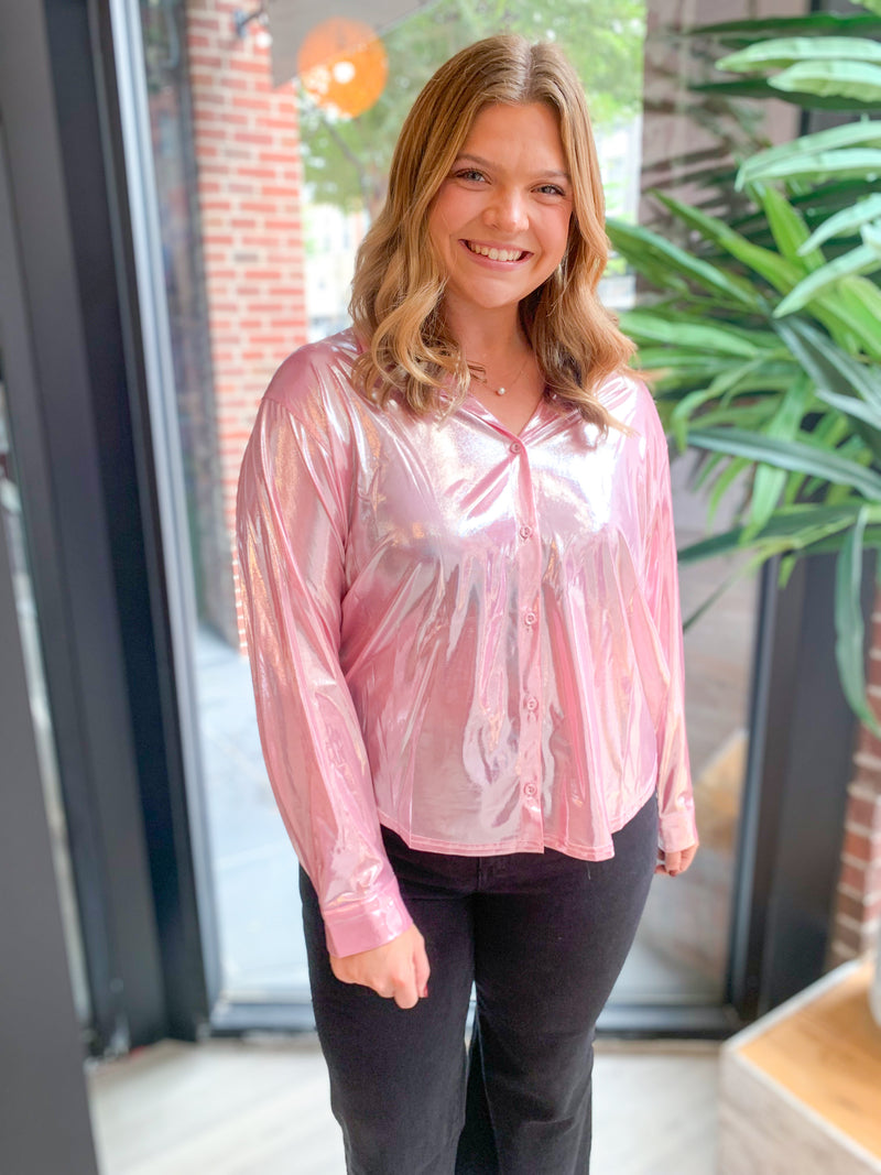 Regina Metallic Pink Button Up Top-Shirts & Tops-Main Strip-Peachy Keen Boutique, Women's Fashion Boutique, Located in Cape Girardeau and Dexter, MO