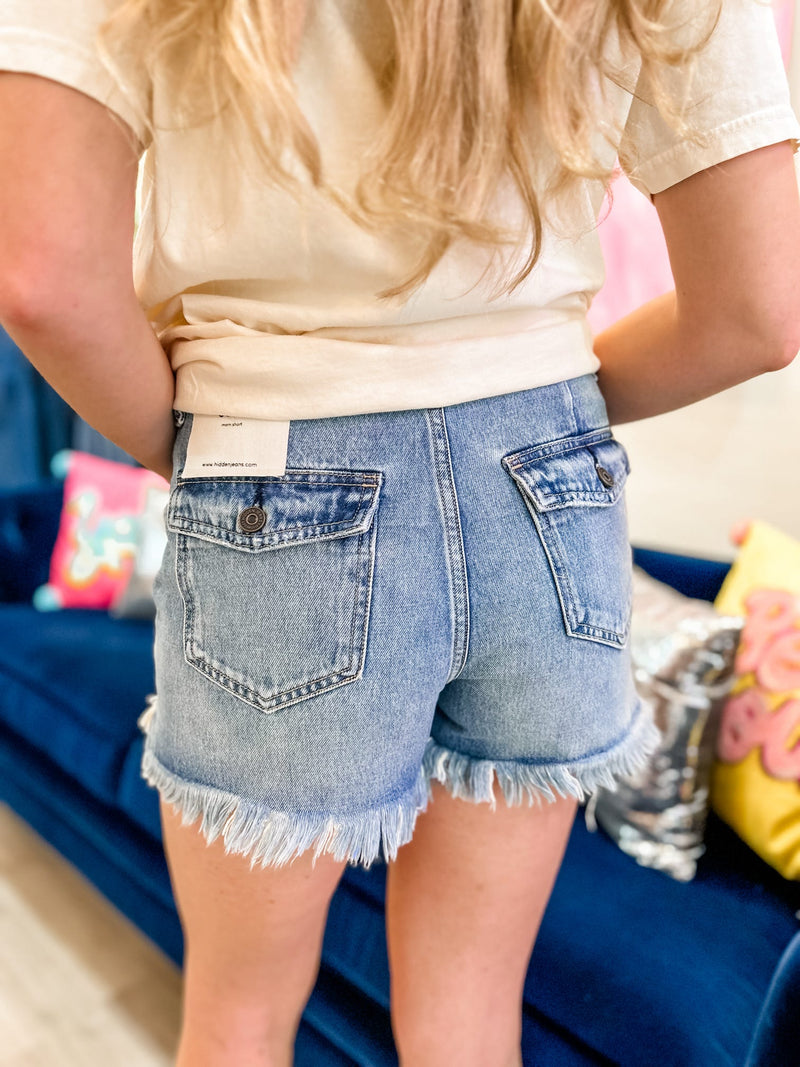 Hidden | Sofie Medium Blue Mom Shorts-200 Shorts/Skirts-Hidden-Peachy Keen Boutique, Women's Fashion Boutique, Located in Cape Girardeau and Dexter, MO