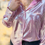 Regina Metallic Pink Button Up Top-Tops - Blouses-Main Strip-Peachy Keen Boutique, Women's Fashion Boutique, Located in Cape Girardeau and Dexter, MO