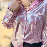 Regina Metallic Pink Button Up Top-Tops - Blouses-Main Strip-Peachy Keen Boutique, Women's Fashion Boutique, Located in Cape Girardeau and Dexter, MO