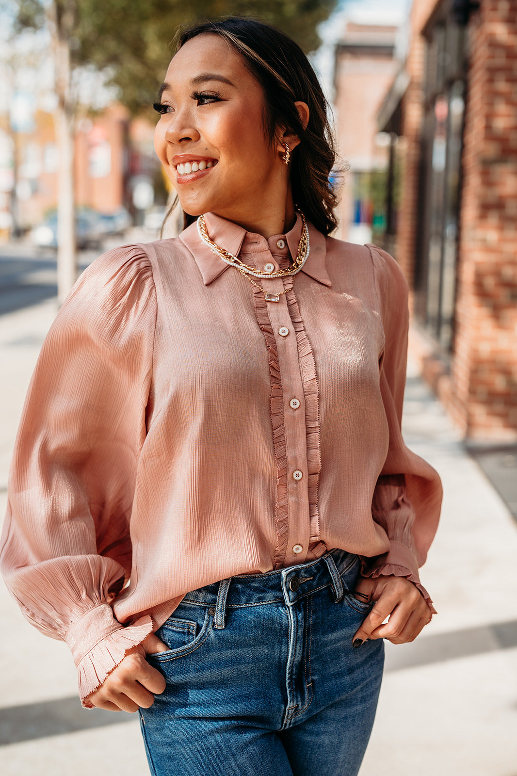 Rose Gold Puff Sleeve Detailed Blouse-120 Blouses-Fate-Peachy Keen Boutique, Women's Fashion Boutique, Located in Cape Girardeau and Dexter, MO