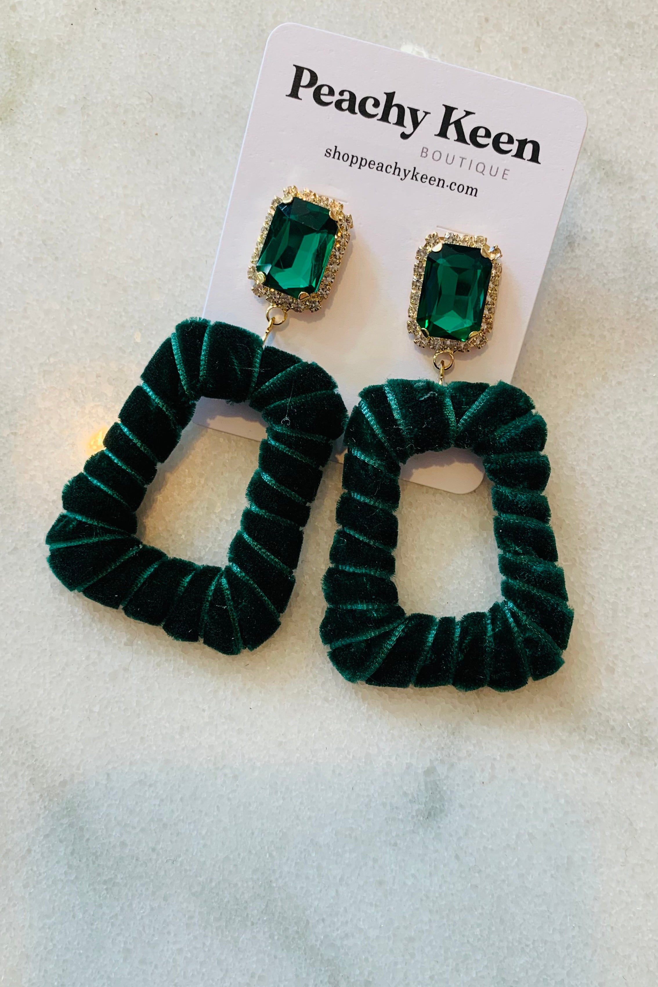 Taylor Velvet Rhinestone Earrings, Emerald-Jewelry - Earrings-Qingdao Dadongsheng Jewelry Co.-Peachy Keen Boutique, Women's Fashion Boutique, Located in Cape Girardeau and Dexter, MO