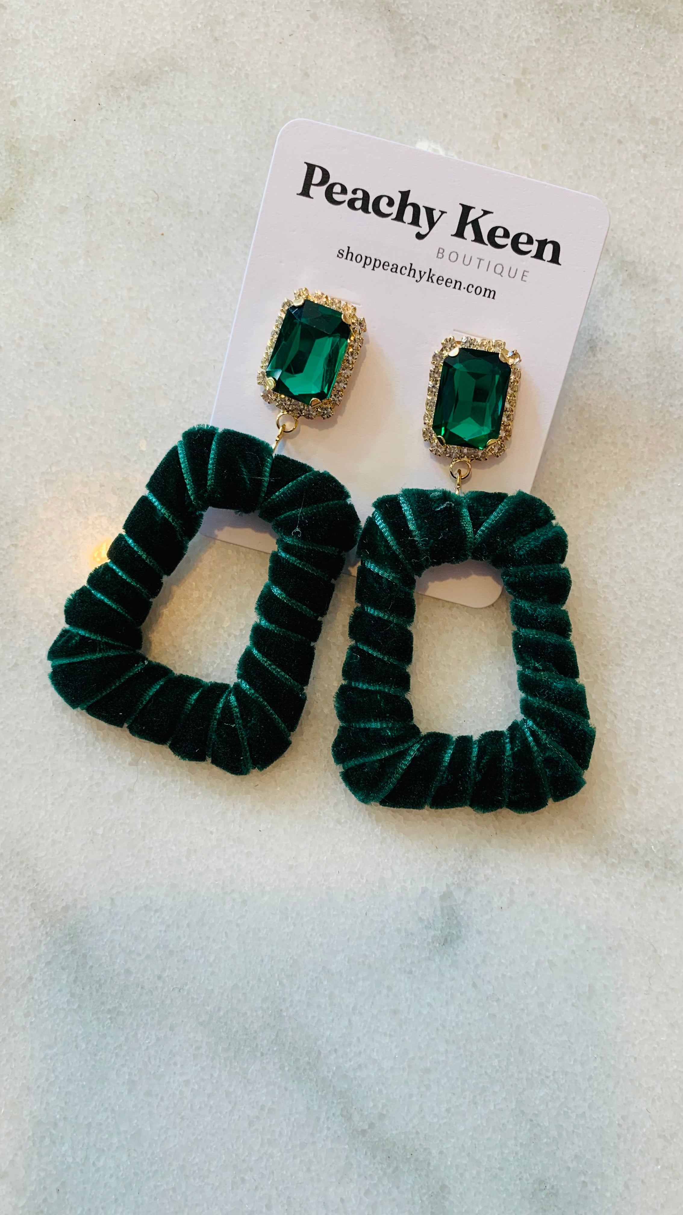 Taylor Velvet Rhinestone Earrings, Emerald-Jewelry - Earrings-Qingdao Dadongsheng Jewelry Co.-Peachy Keen Boutique, Women's Fashion Boutique, Located in Cape Girardeau and Dexter, MO