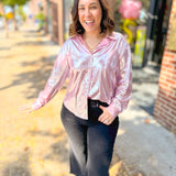 Regina Metallic Pink Button Up Top-Tops - Blouses-Main Strip-Peachy Keen Boutique, Women's Fashion Boutique, Located in Cape Girardeau and Dexter, MO