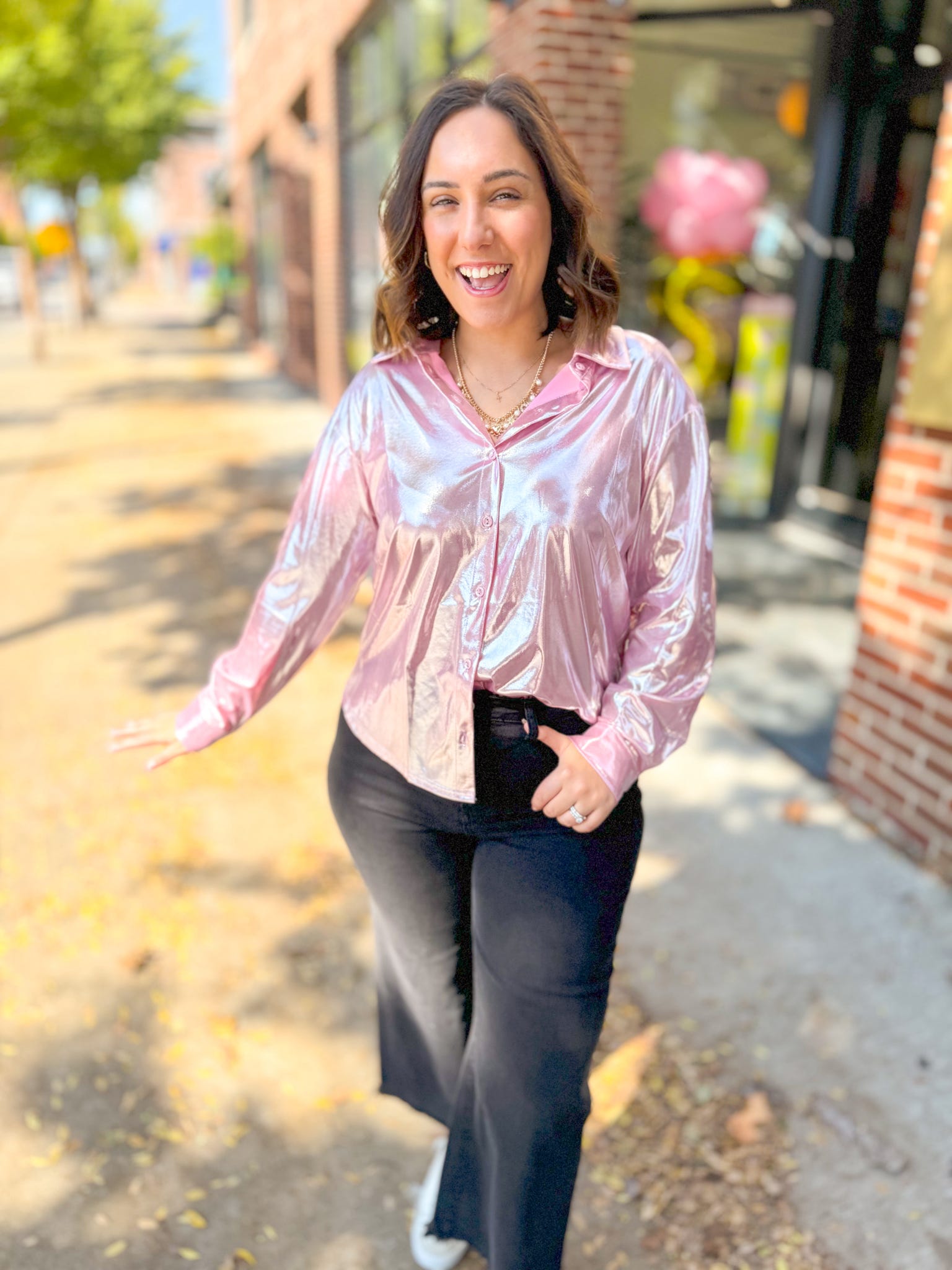 Regina Metallic Pink Button Up Top-Tops - Blouses-Main Strip-Peachy Keen Boutique, Women's Fashion Boutique, Located in Cape Girardeau and Dexter, MO