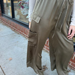 Olive Satin Cargo Pants-Bottoms - Pants-Aureum-Peachy Keen Boutique, Women's Fashion Boutique, Located in Cape Girardeau and Dexter, MO