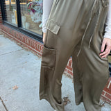 Olive Satin Cargo Pants-Bottoms - Pants-Aureum-Peachy Keen Boutique, Women's Fashion Boutique, Located in Cape Girardeau and Dexter, MO