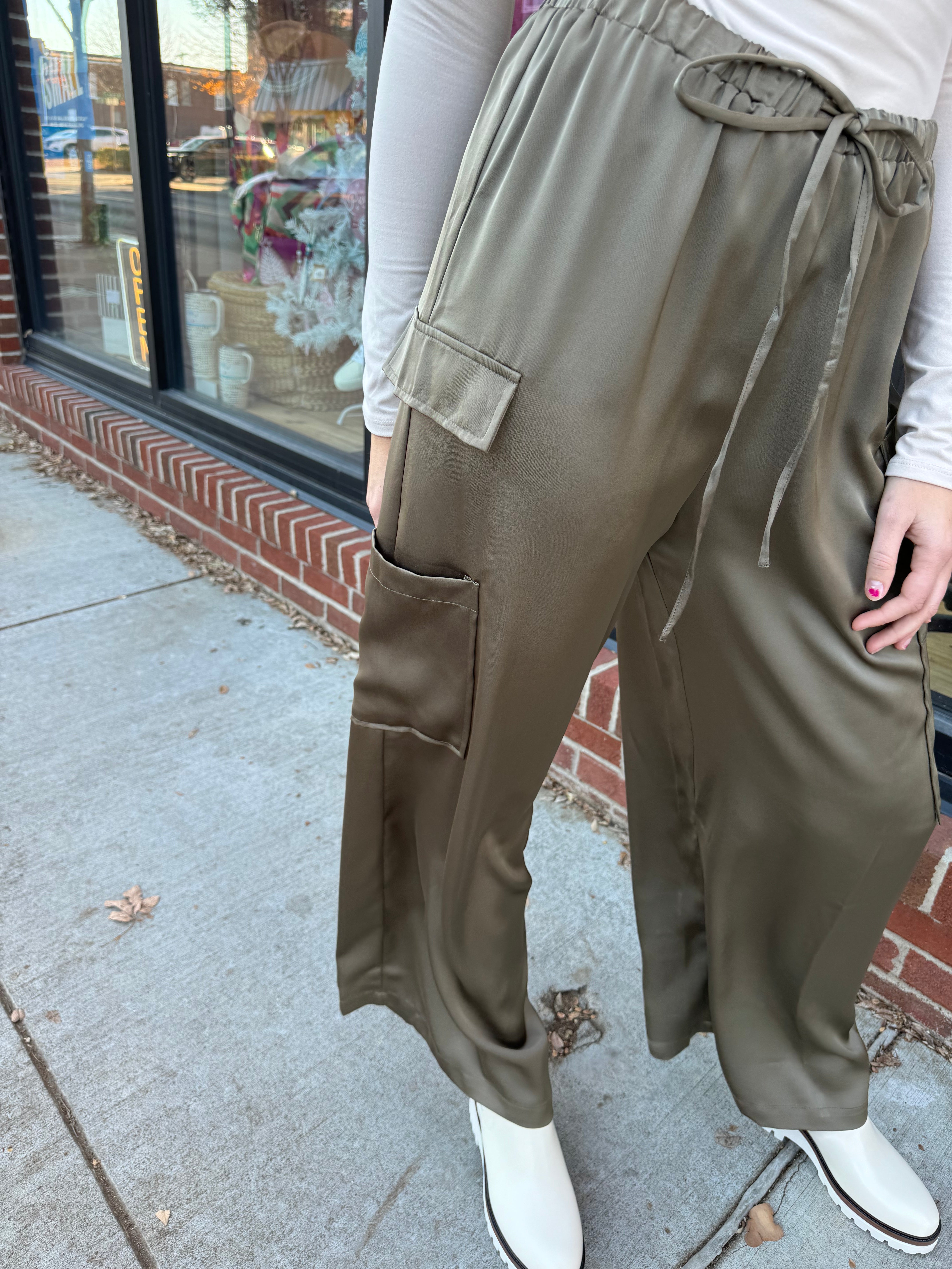 Olive Satin Cargo Pants-Bottoms - Pants-Aureum-Peachy Keen Boutique, Women's Fashion Boutique, Located in Cape Girardeau and Dexter, MO