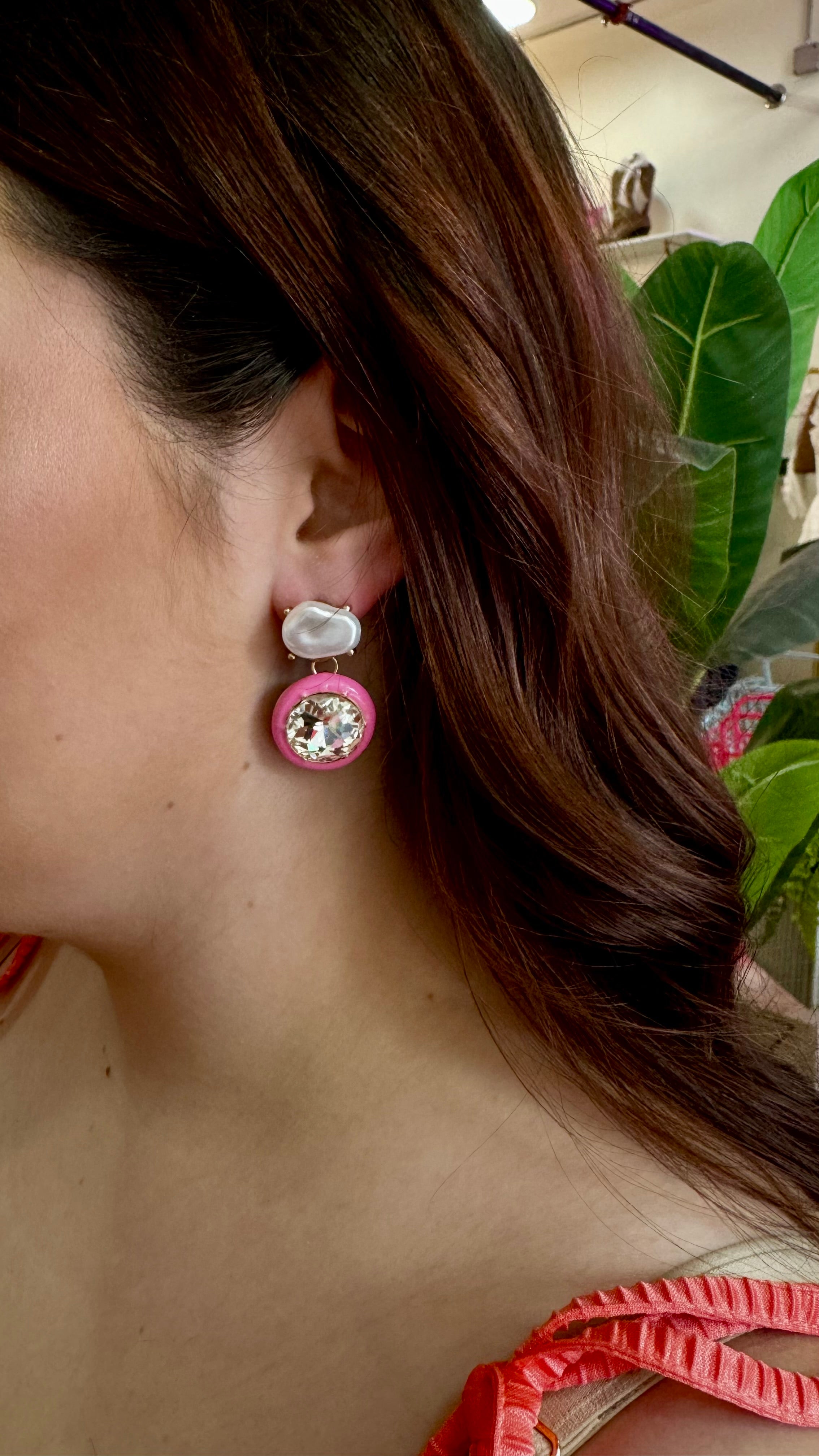 Kia Gold Pearl & Fuchsia Diamond Drop Earring-Jewelry - Earrings-Kenze Panne-Peachy Keen Boutique, Women's Fashion Boutique, Located in Cape Girardeau and Dexter, MO