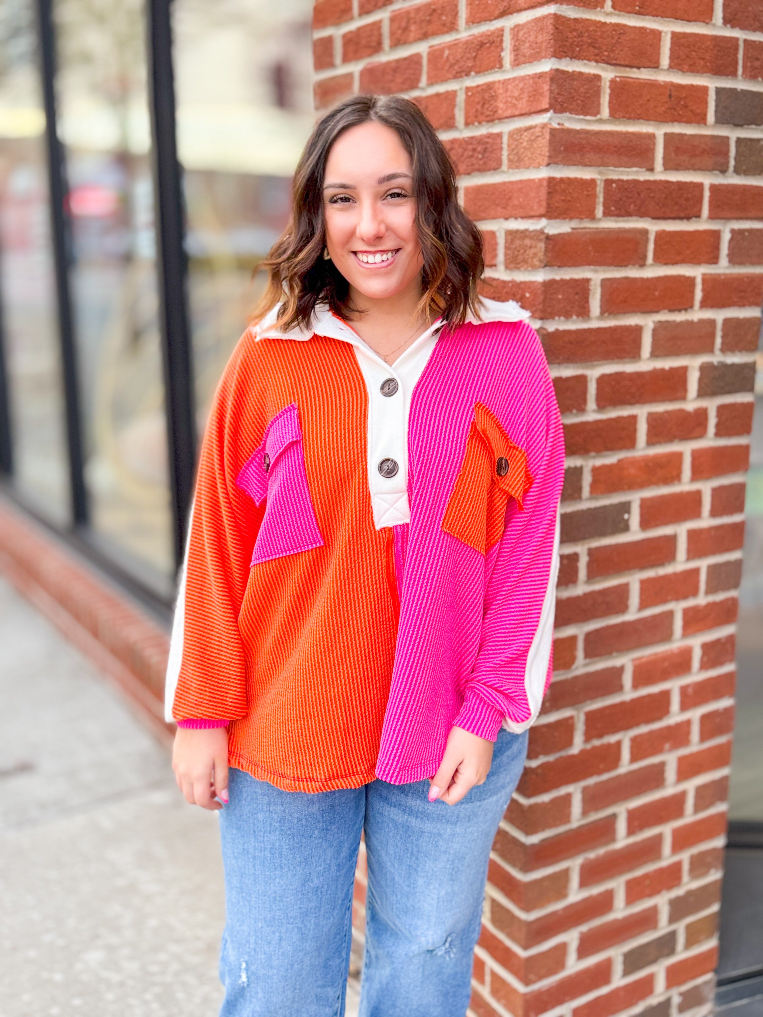 Colorblock Ribbed Oversized Button Up Top-Tops-BucketList-Peachy Keen Boutique, Women's Fashion Boutique, Located in Cape Girardeau and Dexter, MO