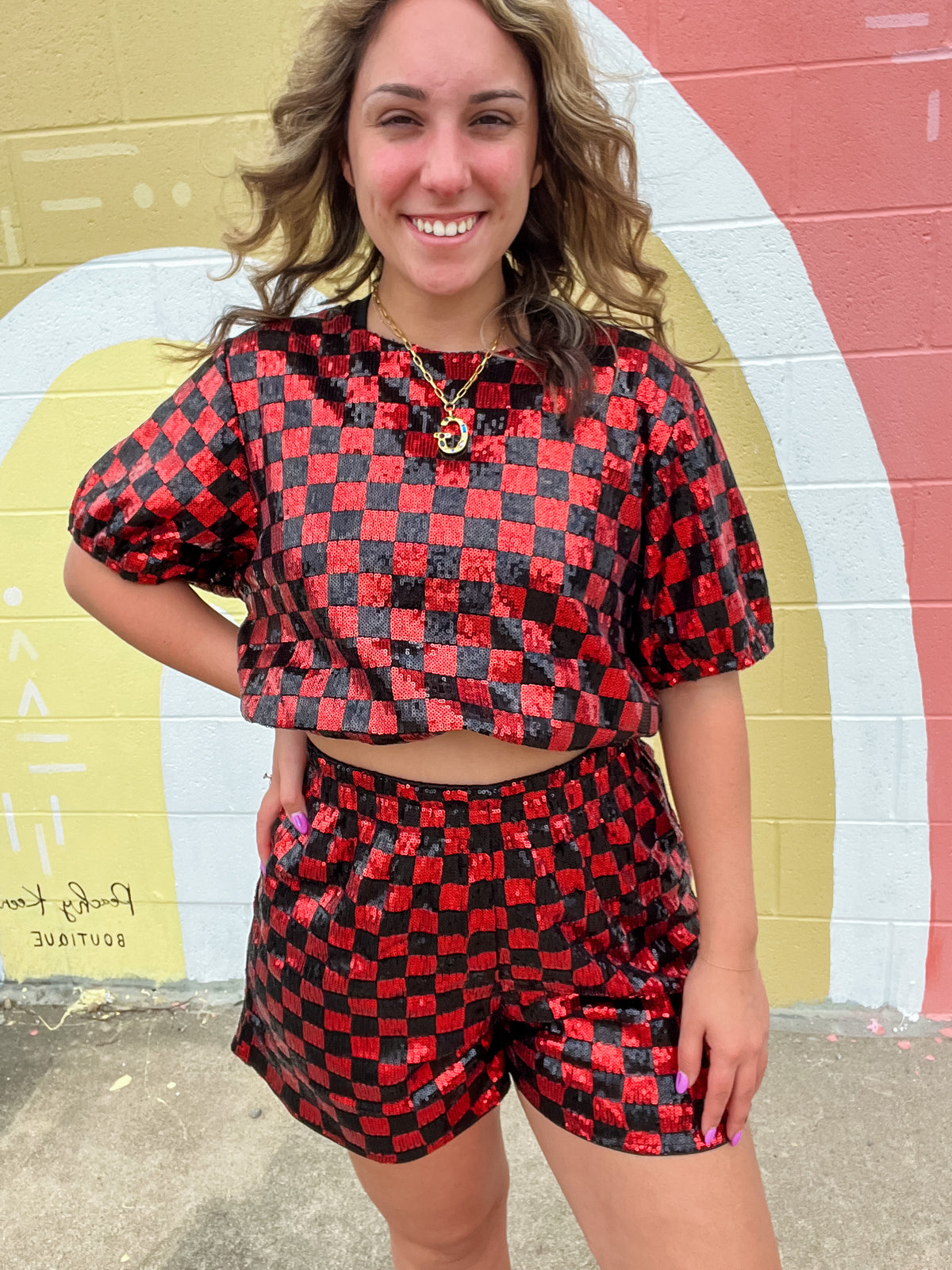 Red and Black Sequin Checkered Shorts-Shorts-Why Dresses-Peachy Keen Boutique, Women's Fashion Boutique, Located in Cape Girardeau and Dexter, MO