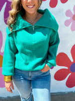 Knitted Teal Half Zip Open Neck Sweater