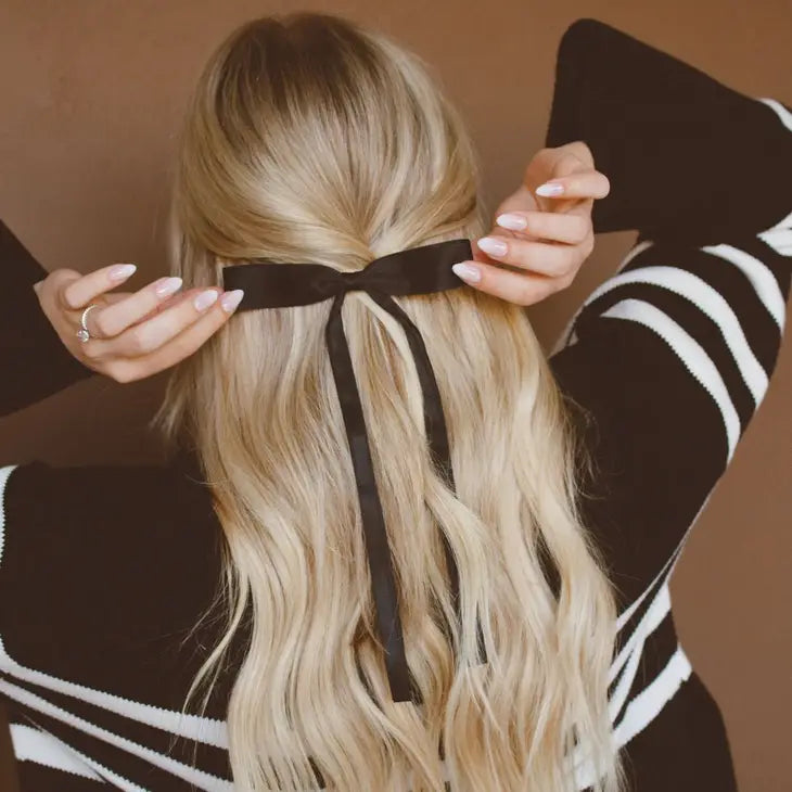 Black Satin Ribbon Long Bow Clip-Hair Bow-ANDI-Peachy Keen Boutique, Women's Fashion Boutique, Located in Cape Girardeau and Dexter, MO