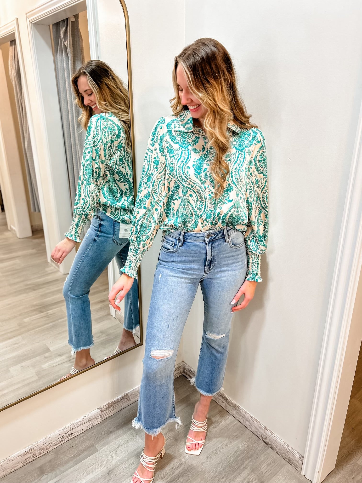 Emerald Teal Pattern Button Down Satin Top-long sleeve blouse-Entro-Peachy Keen Boutique, Women's Fashion Boutique, Located in Cape Girardeau and Dexter, MO