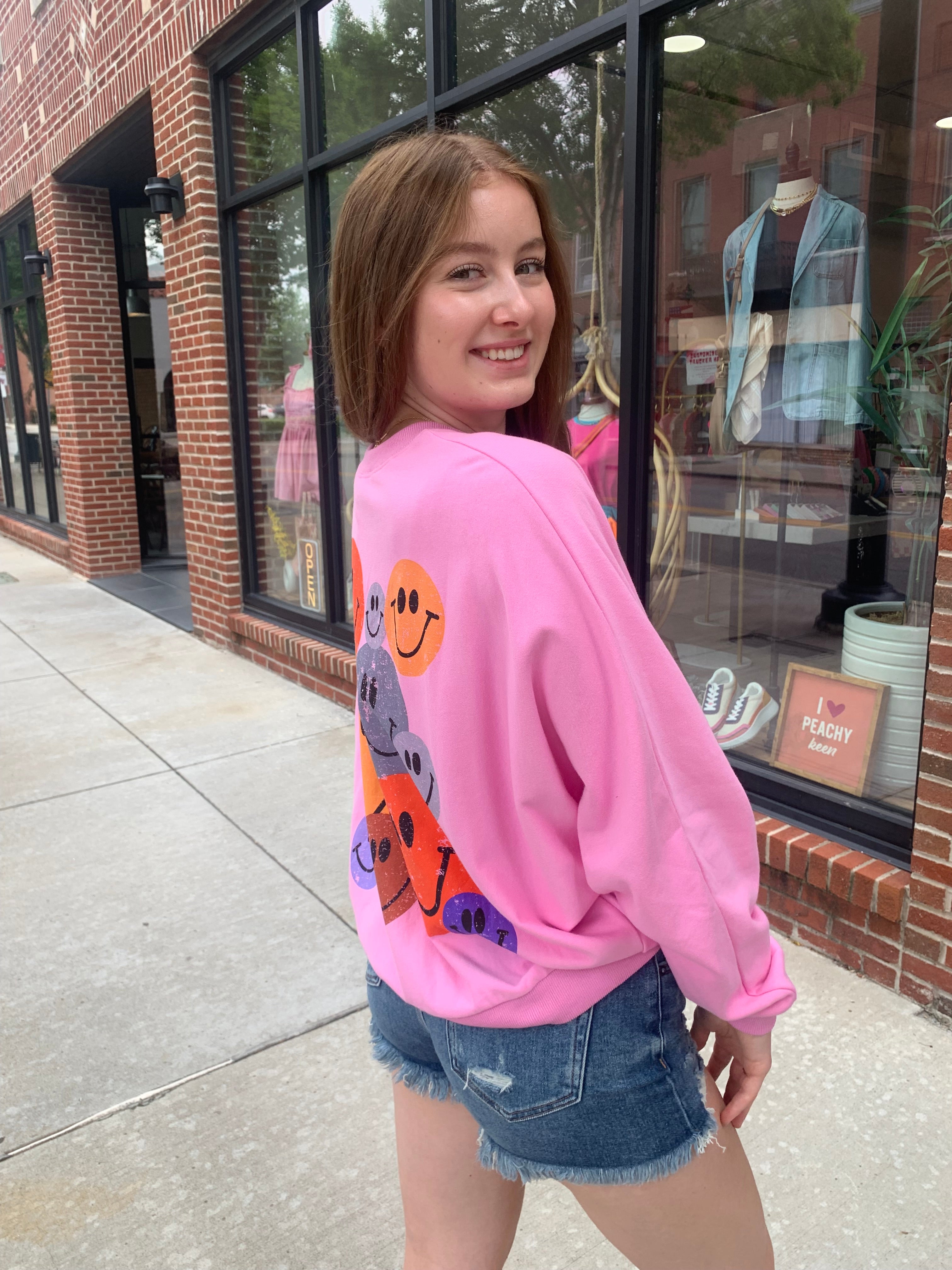 Pink Happy Face Crewneck Sweatshirt-Tops - Sweatshirts-Easel-Peachy Keen Boutique, Women's Fashion Boutique, Located in Cape Girardeau and Dexter, MO