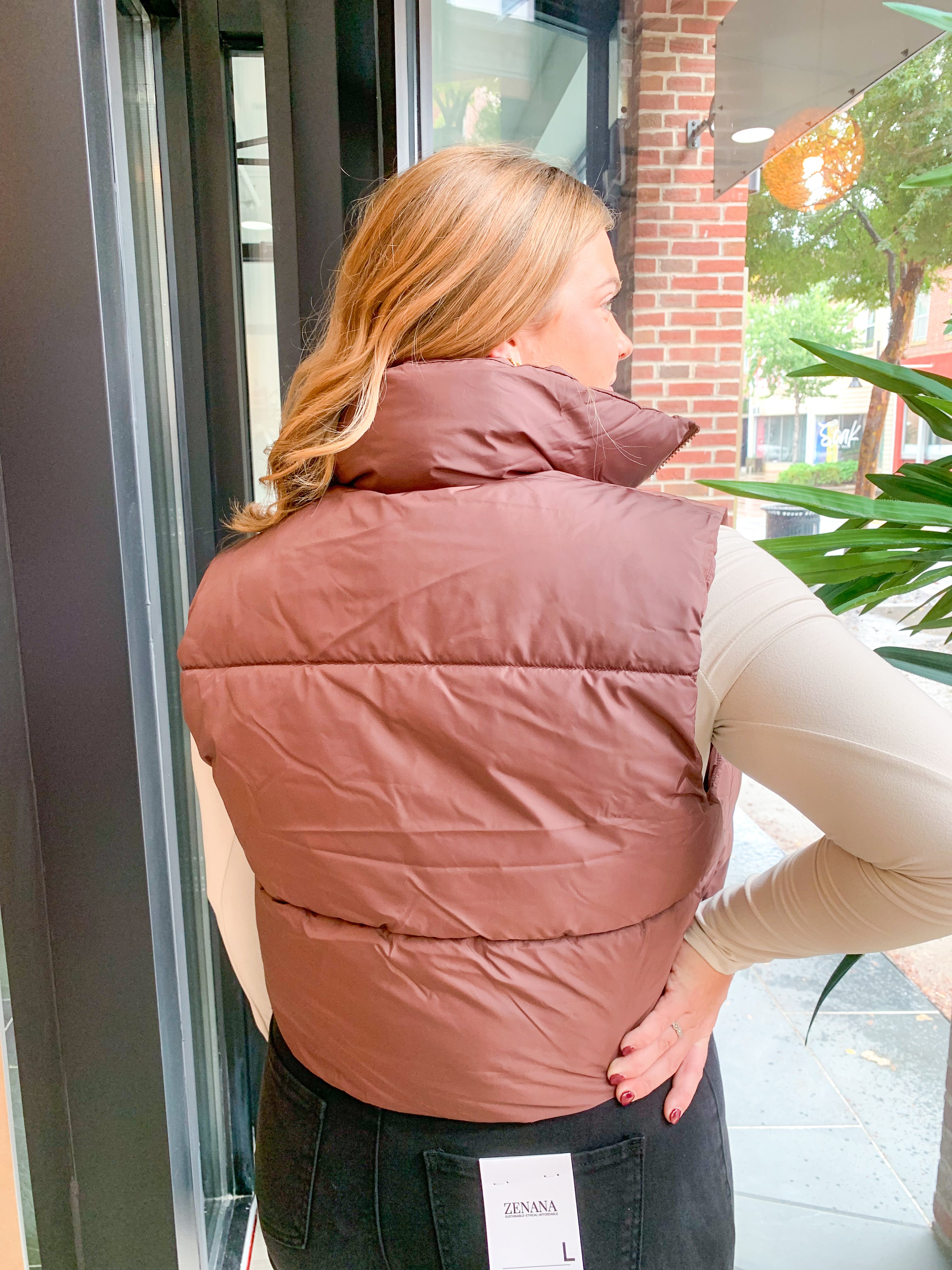 Bella Coffee Puffer Vest-Outerwear - Vests-Zenana-Peachy Keen Boutique, Women's Fashion Boutique, Located in Cape Girardeau and Dexter, MO