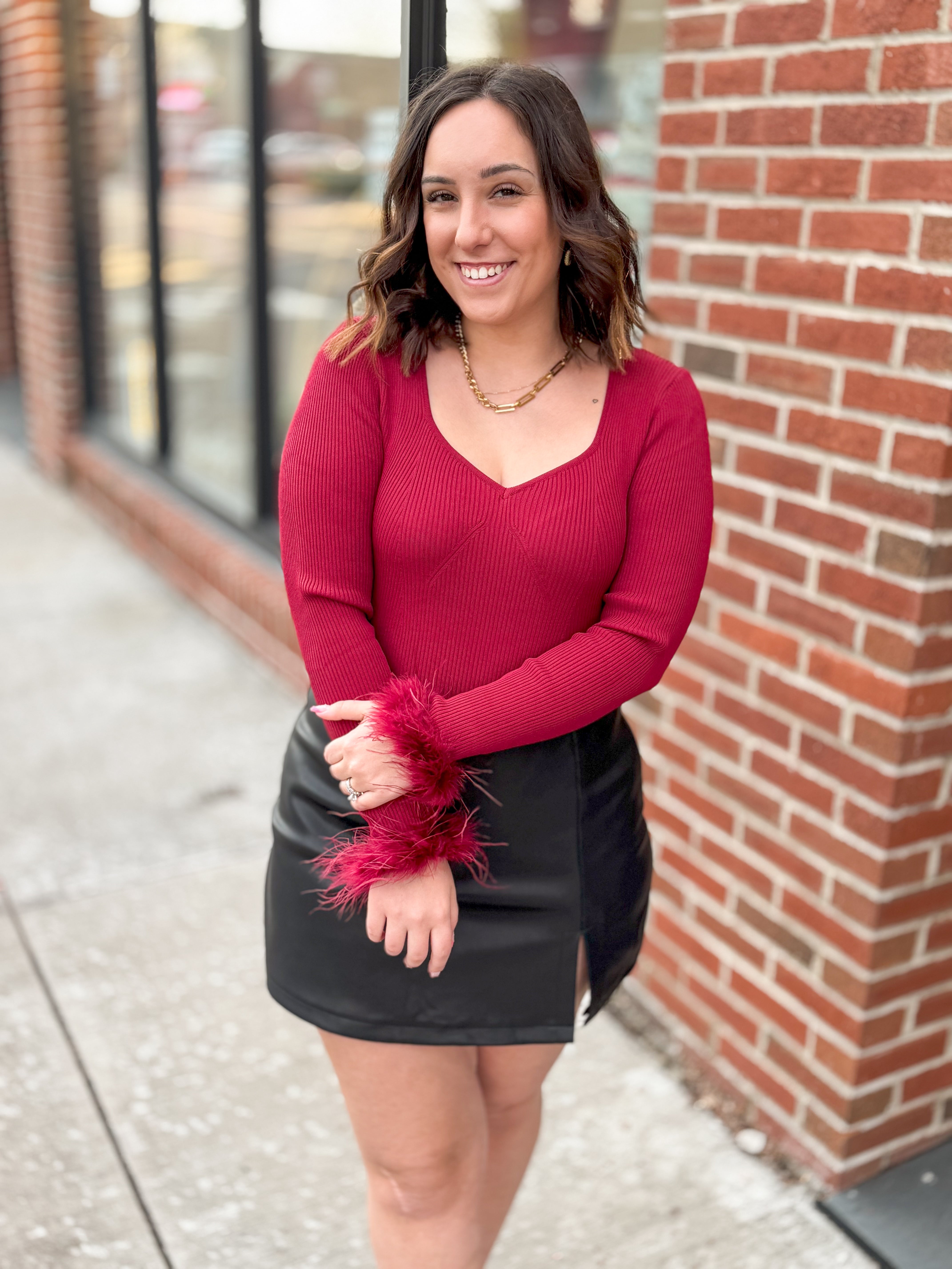 Merlot Long Sleeve Bodysuit with Feather Detail Sleeve-Tops - Bodysuits-ee:some-Peachy Keen Boutique, Women's Fashion Boutique, Located in Cape Girardeau and Dexter, MO