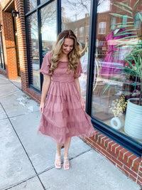 Dusty Rose Midi Smocking Tulle Ruffle Dress-short sleeve midi dress-BaeVely-Peachy Keen Boutique, Women's Fashion Boutique, Located in Cape Girardeau and Dexter, MO