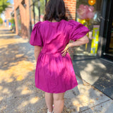 Braylynn Magenta Bow Puff Sleeve Dress-Dresses-Entro-Peachy Keen Boutique, Women's Fashion Boutique, Located in Cape Girardeau and Dexter, MO