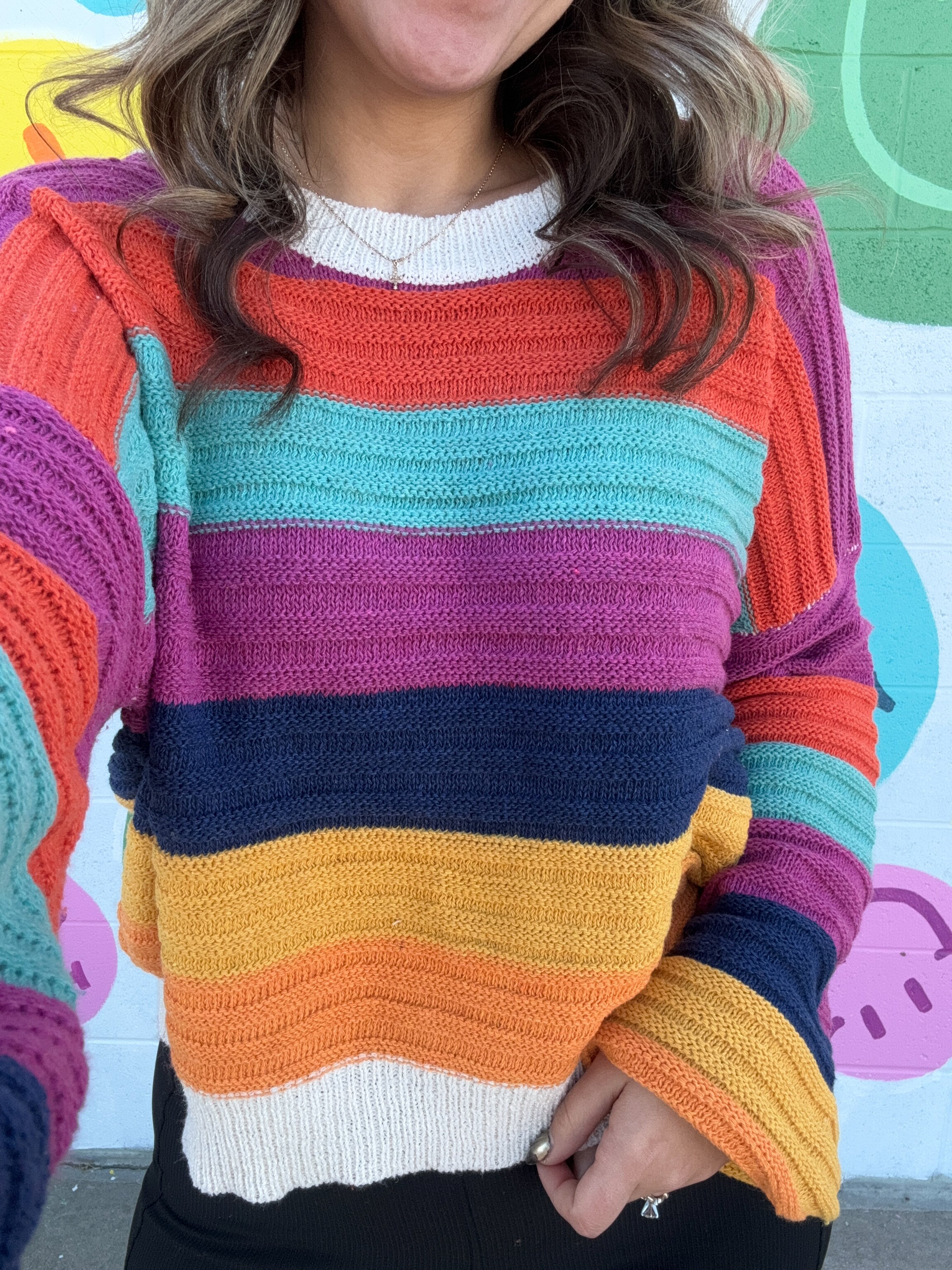Cozy Mutli Color Stripe Bubble Sleeve Sweater-Shirts & Tops-mello-Peachy Keen Boutique, Women's Fashion Boutique, Located in Cape Girardeau and Dexter, MO