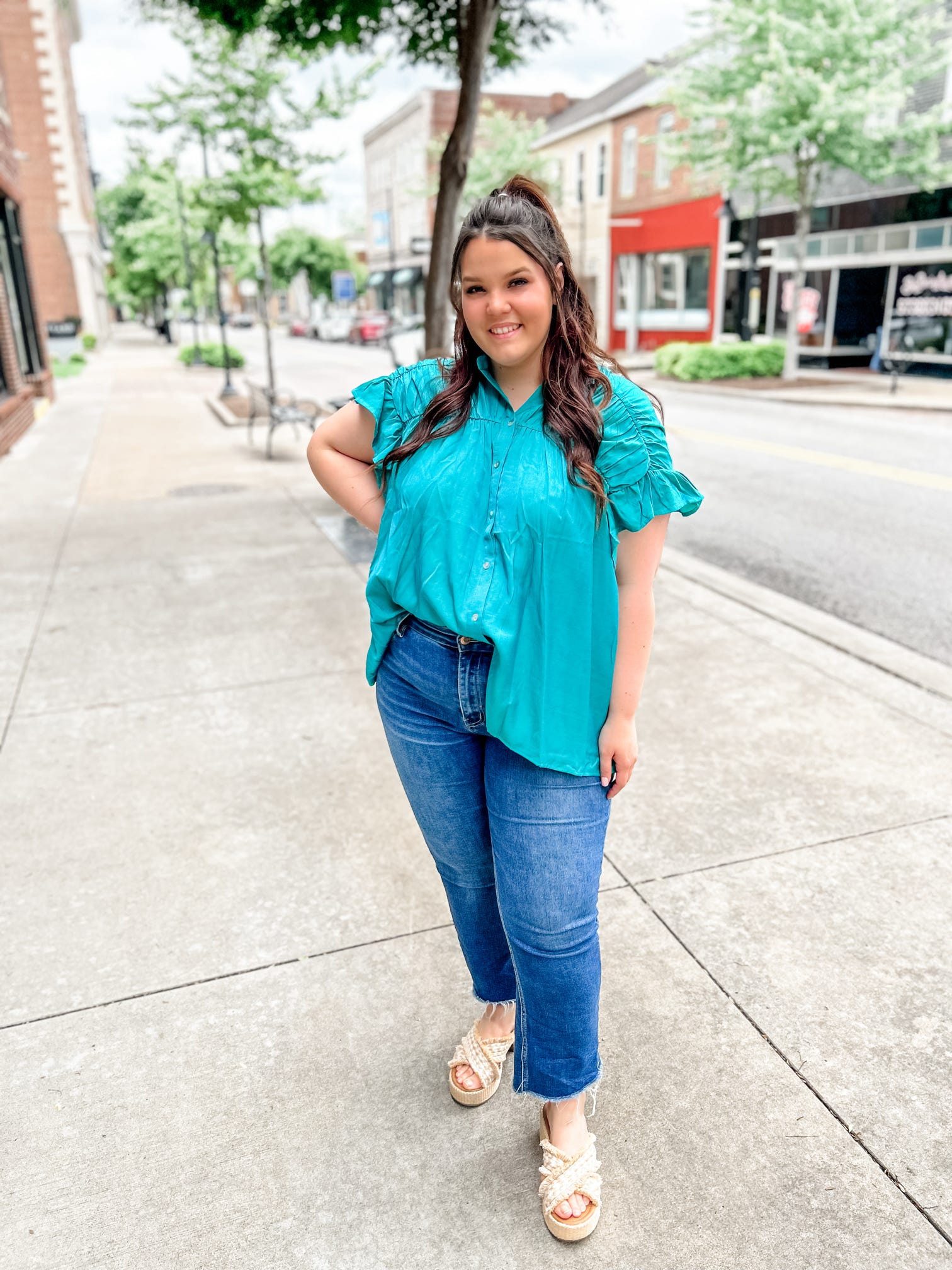 Tupelo Woven Jade Top-Tops - Blouses-Bibi-Peachy Keen Boutique, Women's Fashion Boutique, Located in Cape Girardeau and Dexter, MO