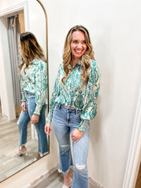 Emerald Teal Pattern Button Down Satin Top-long sleeve blouse-Entro-Peachy Keen Boutique, Women's Fashion Boutique, Located in Cape Girardeau and Dexter, MO