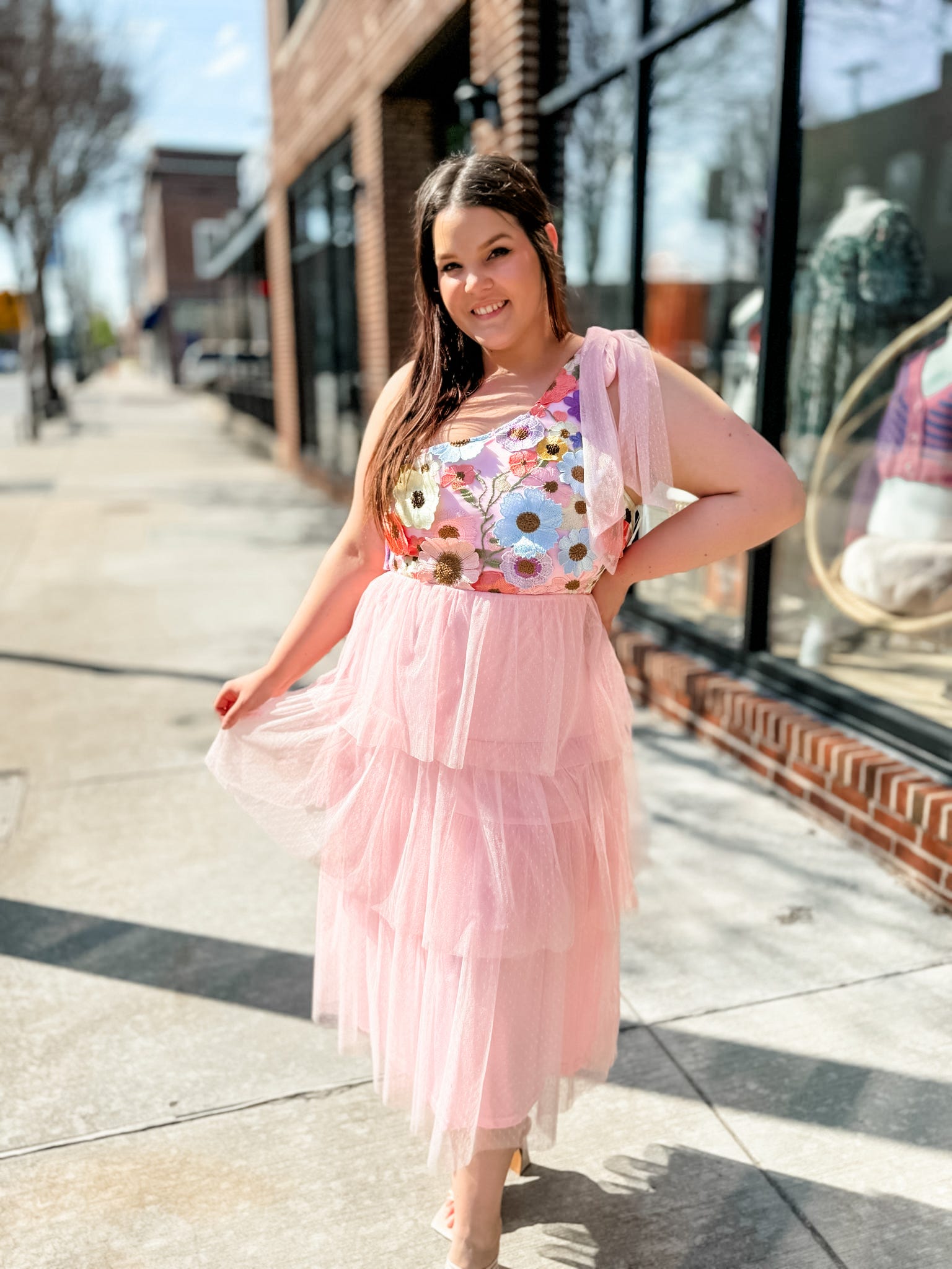 Floral Tulle Ruffle Pink One Shoulder Midi Dress-182 Dressy Dress-Entro-Peachy Keen Boutique, Women's Fashion Boutique, Located in Cape Girardeau and Dexter, MO