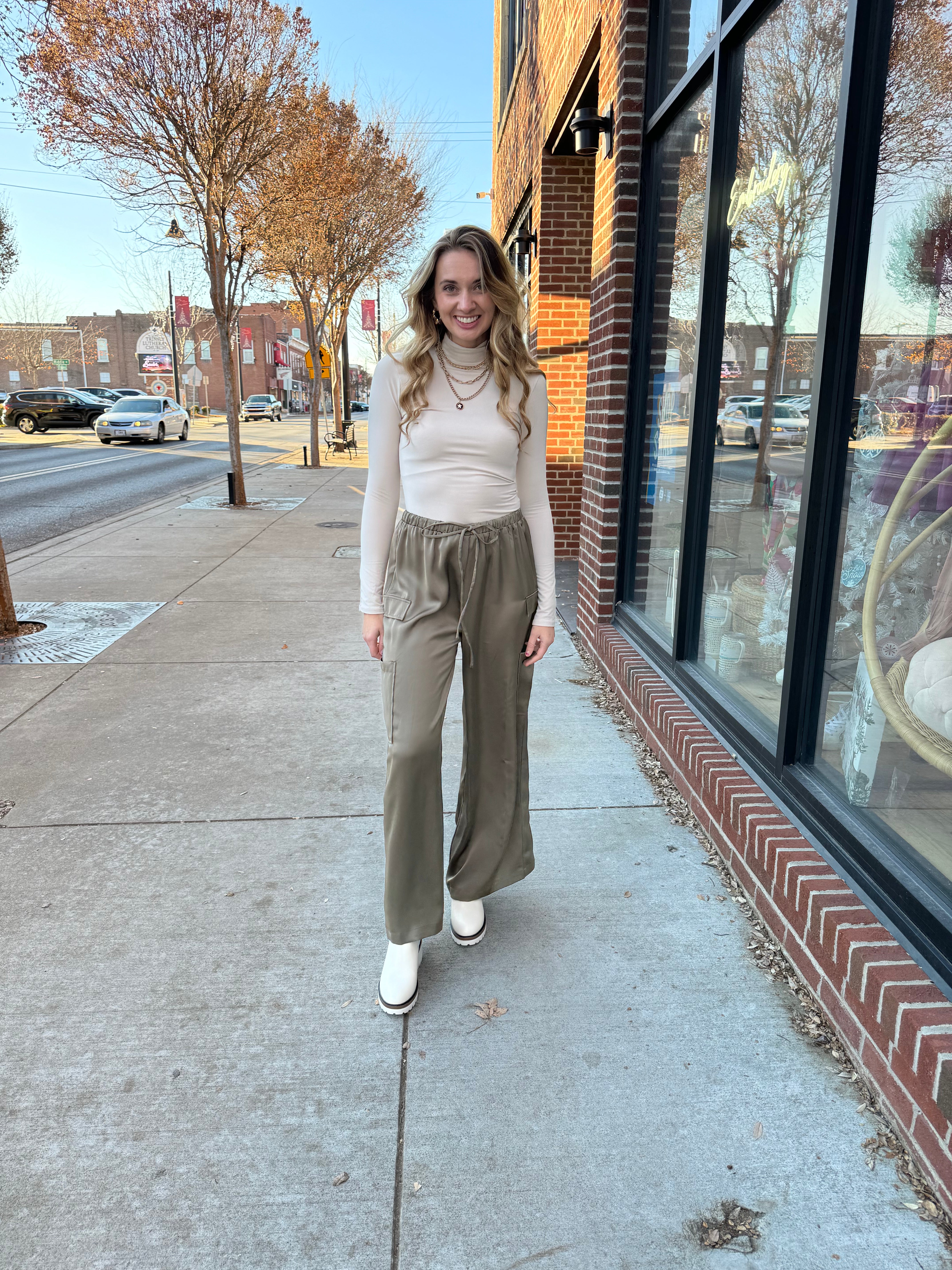 Olive Satin Cargo Pants-Bottoms - Pants-Aureum-Peachy Keen Boutique, Women's Fashion Boutique, Located in Cape Girardeau and Dexter, MO