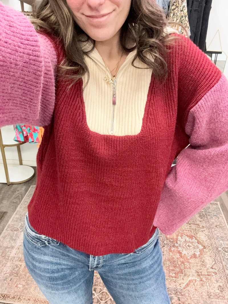 Maroon & Purple Colorblock Wide Neck Quarter Zip Pullover Sweater-Sweater-Entro-Peachy Keen Boutique, Women's Fashion Boutique, Located in Cape Girardeau and Dexter, MO