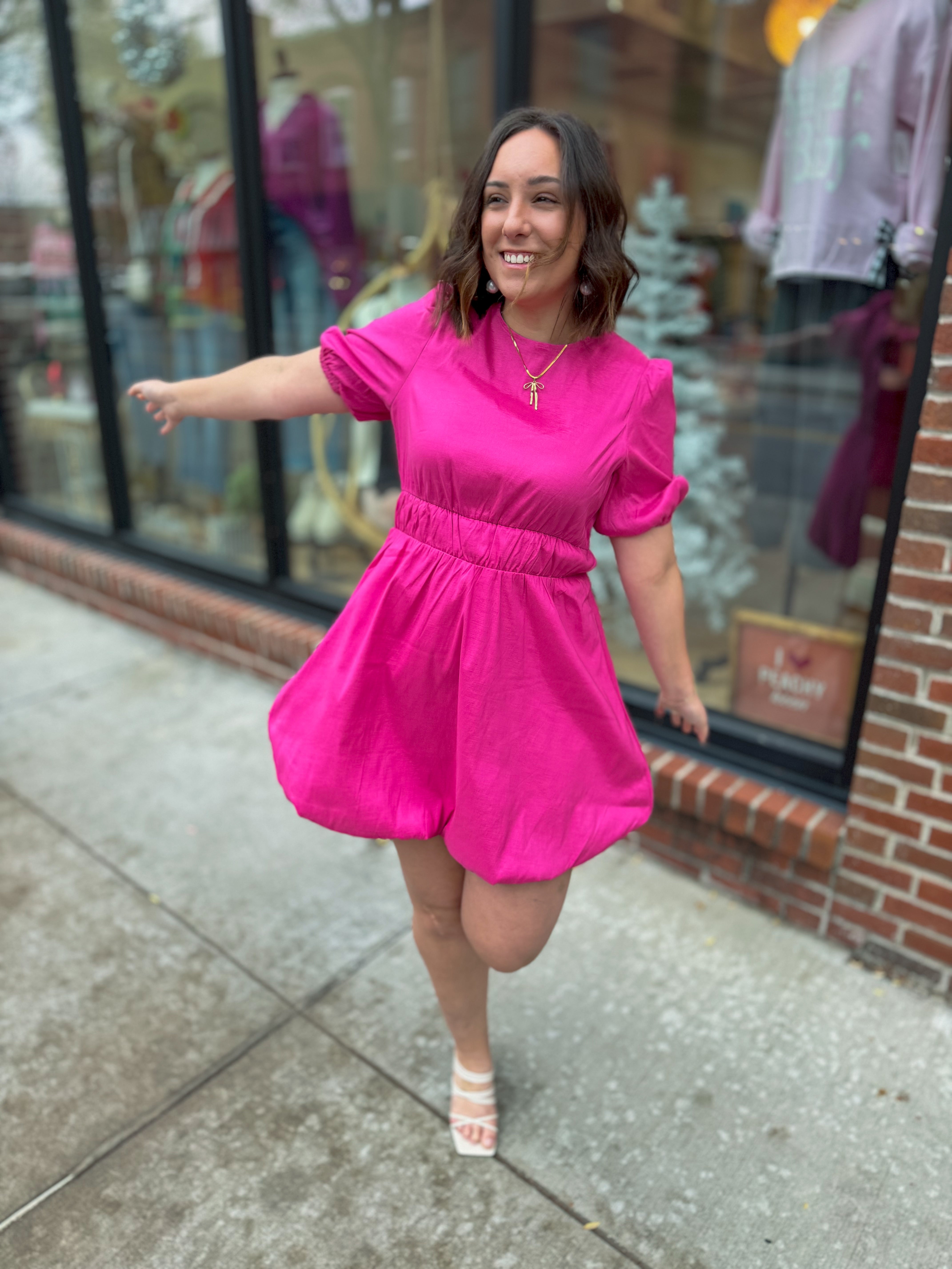 Hot Pink Bubble Hem Waisted Dress-Dresses-Very J-Peachy Keen Boutique, Women's Fashion Boutique, Located in Cape Girardeau and Dexter, MO