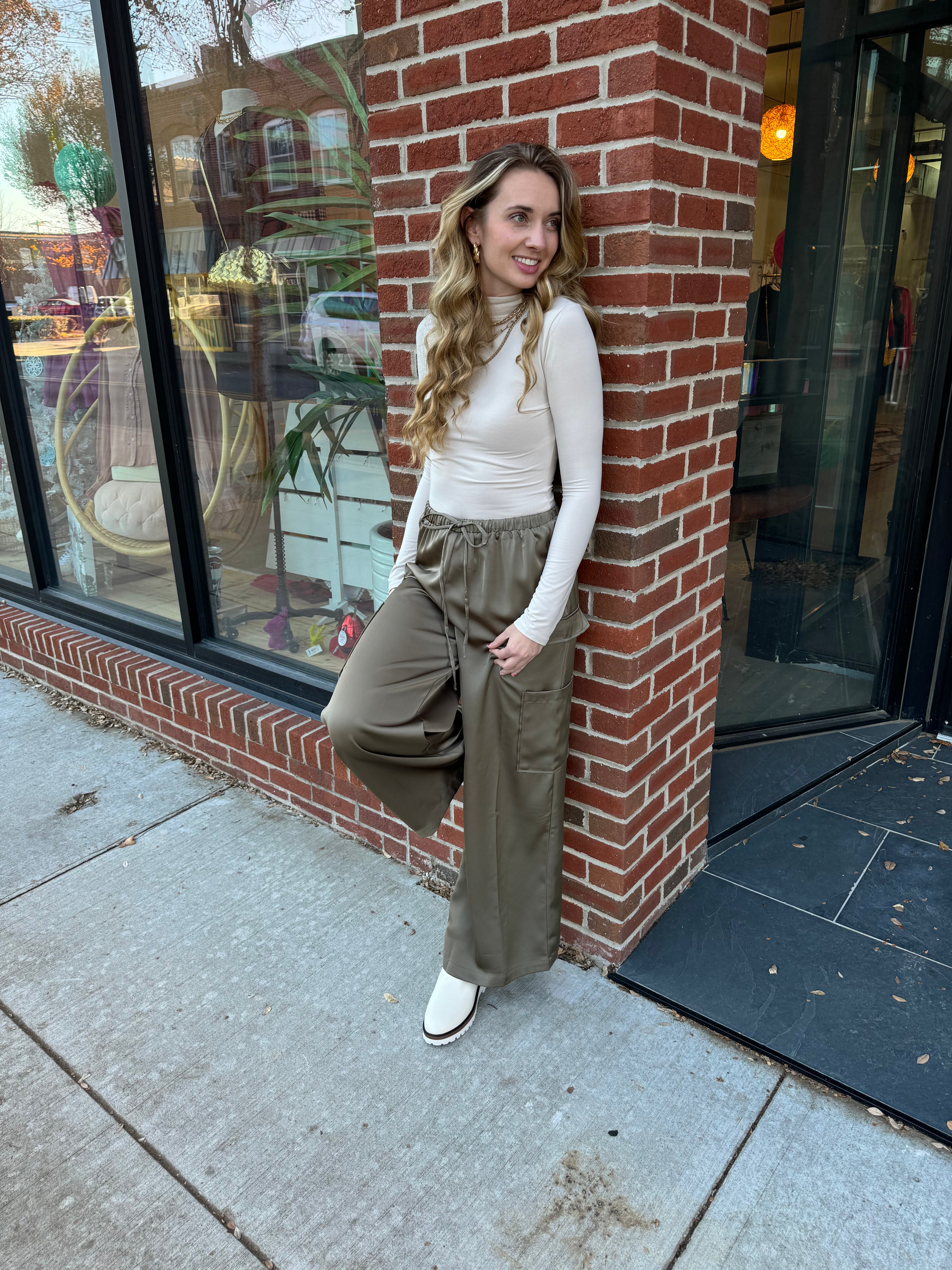 Olive Satin Cargo Pants-Bottoms - Pants-Aureum-Peachy Keen Boutique, Women's Fashion Boutique, Located in Cape Girardeau and Dexter, MO