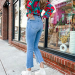 HIDDEN | Happi Medium Light Wash High Waist Frayed Crop Flare Jean-Bottoms - Denim-Hidden-Peachy Keen Boutique, Women's Fashion Boutique, Located in Cape Girardeau and Dexter, MO