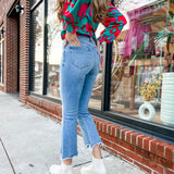 HIDDEN | Happi Medium Light Wash High Waist Frayed Crop Flare Jean-Bottoms - Denim-Hidden-Peachy Keen Boutique, Women's Fashion Boutique, Located in Cape Girardeau and Dexter, MO