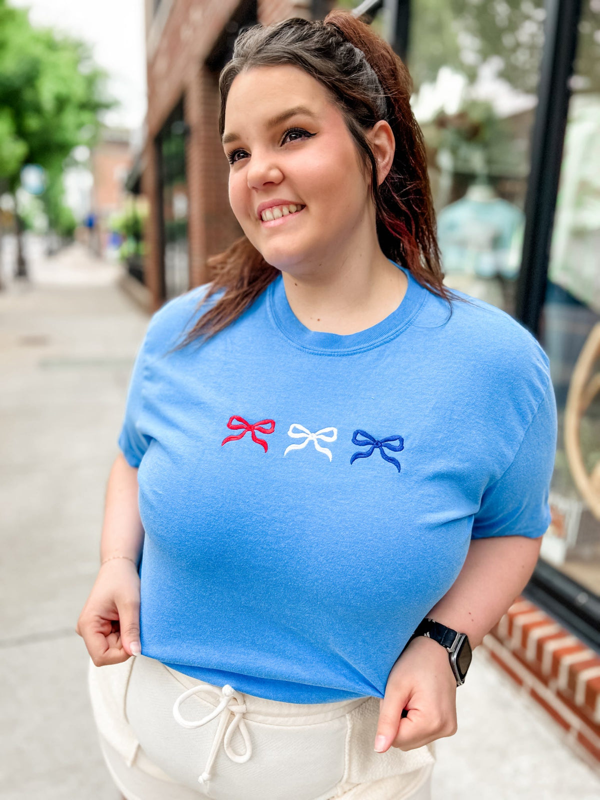 Patriotic Bows Embroidered Tee-130 Graphic T's-Peachy Keen Boutique-Peachy Keen Boutique, Women's Fashion Boutique, Located in Cape Girardeau and Dexter, MO