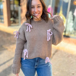 Brown Sweater with Pink Bows-Tops - Sweaters-Le LIs-Peachy Keen Boutique, Women's Fashion Boutique, Located in Cape Girardeau and Dexter, MO