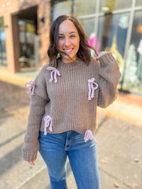 Brown Sweater with Pink Bows-Tops - Sweaters-Le LIs-Peachy Keen Boutique, Women's Fashion Boutique, Located in Cape Girardeau and Dexter, MO