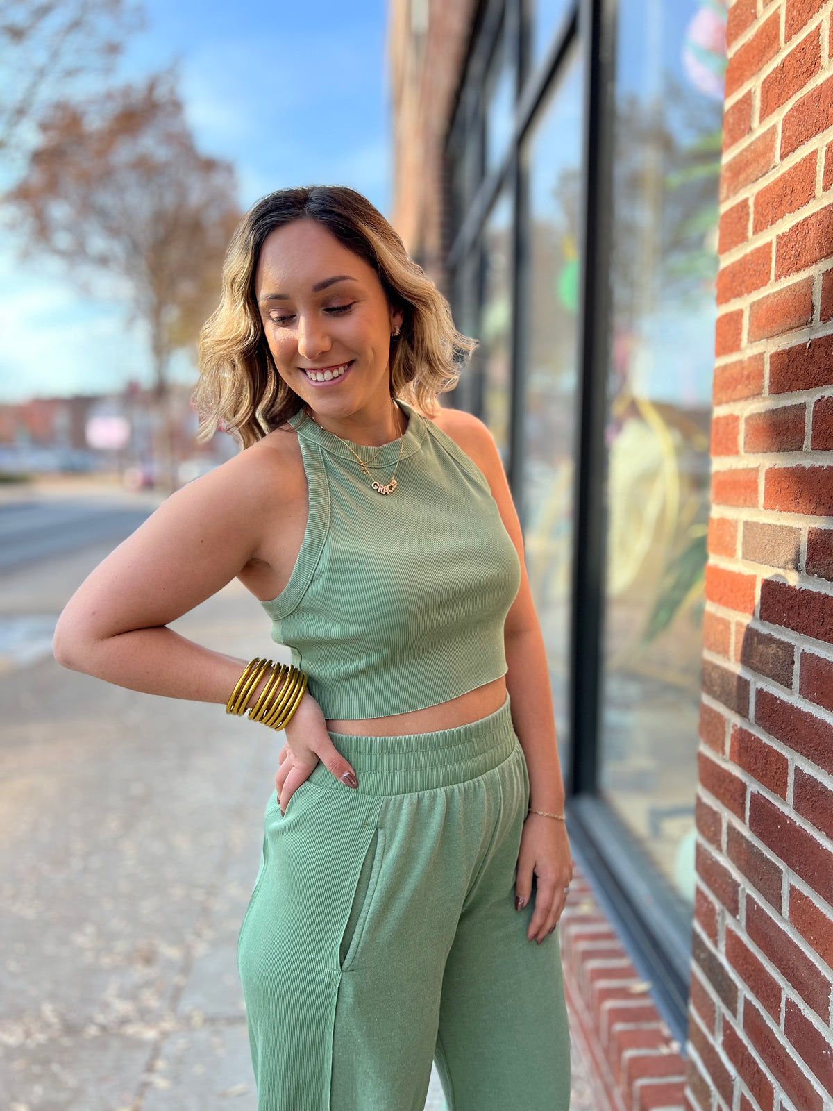 Olive Halter Cropped Tank-110 Tanks-LA BIZ-Peachy Keen Boutique, Women's Fashion Boutique, Located in Cape Girardeau and Dexter, MO