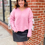 Silver Sequin Bow Sleeve Pink Sweater-Tops - Sweaters-Entro-Peachy Keen Boutique, Women's Fashion Boutique, Located in Cape Girardeau and Dexter, MO