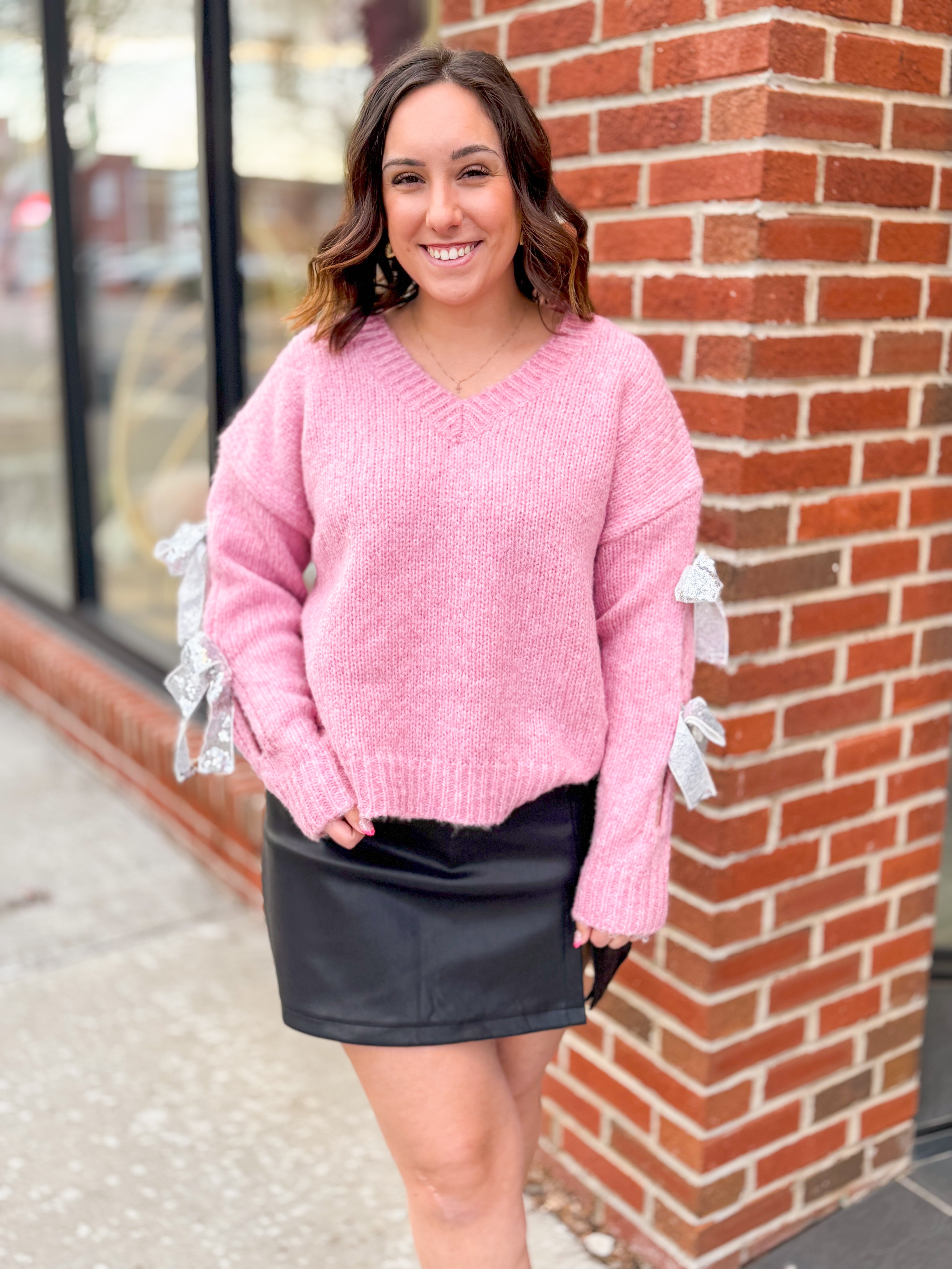 Silver Sequin Bow Sleeve Pink Sweater-Tops - Sweaters-Entro-Peachy Keen Boutique, Women's Fashion Boutique, Located in Cape Girardeau and Dexter, MO