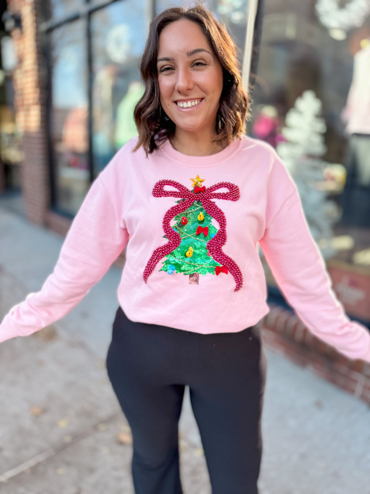 Pink Embellished Bow Tree Christmas Pullover-Tops - Sweaters-Cherie Lane-Peachy Keen Boutique, Women's Fashion Boutique, Located in Cape Girardeau and Dexter, MO