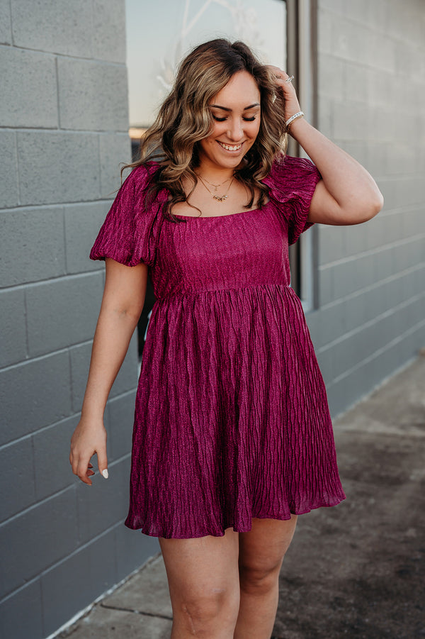 Magenta Bubble Sleeve Sparkly Dress-short sleeve dress-TCEC-Peachy Keen Boutique, Women's Fashion Boutique, Located in Cape Girardeau and Dexter, MO