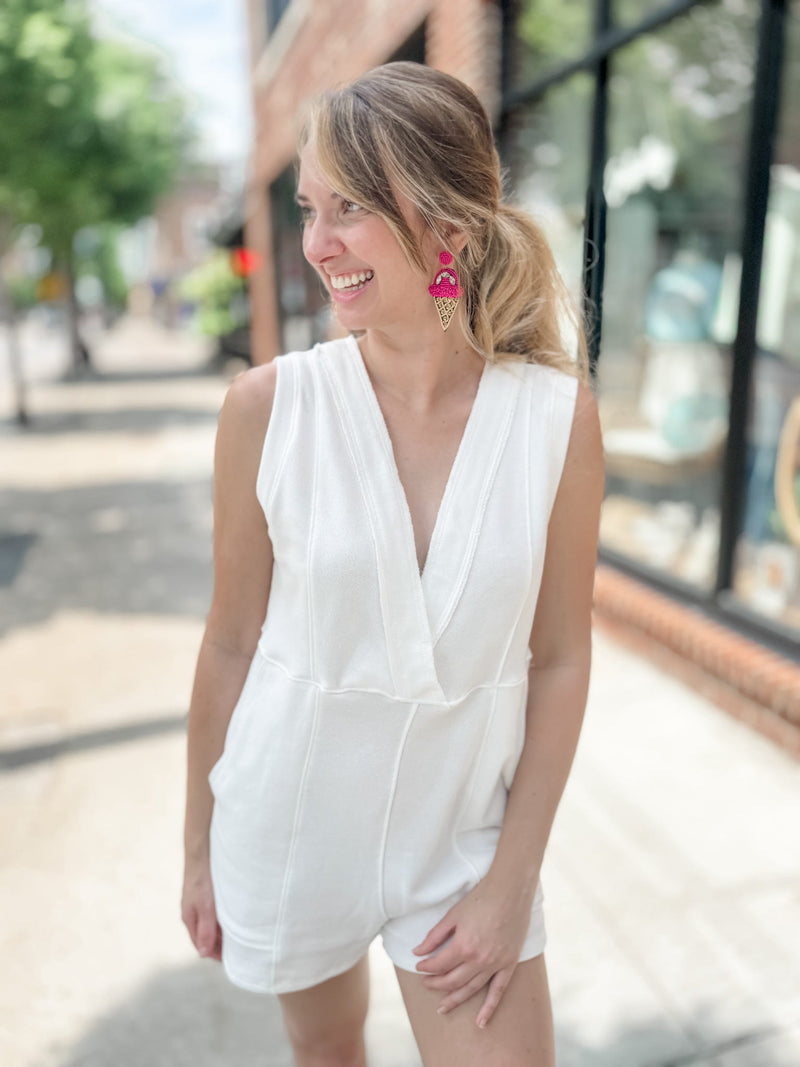 Catie Surplice Neck Ivory Romper-Rompers-BucketList-Peachy Keen Boutique, Women's Fashion Boutique, Located in Cape Girardeau and Dexter, MO