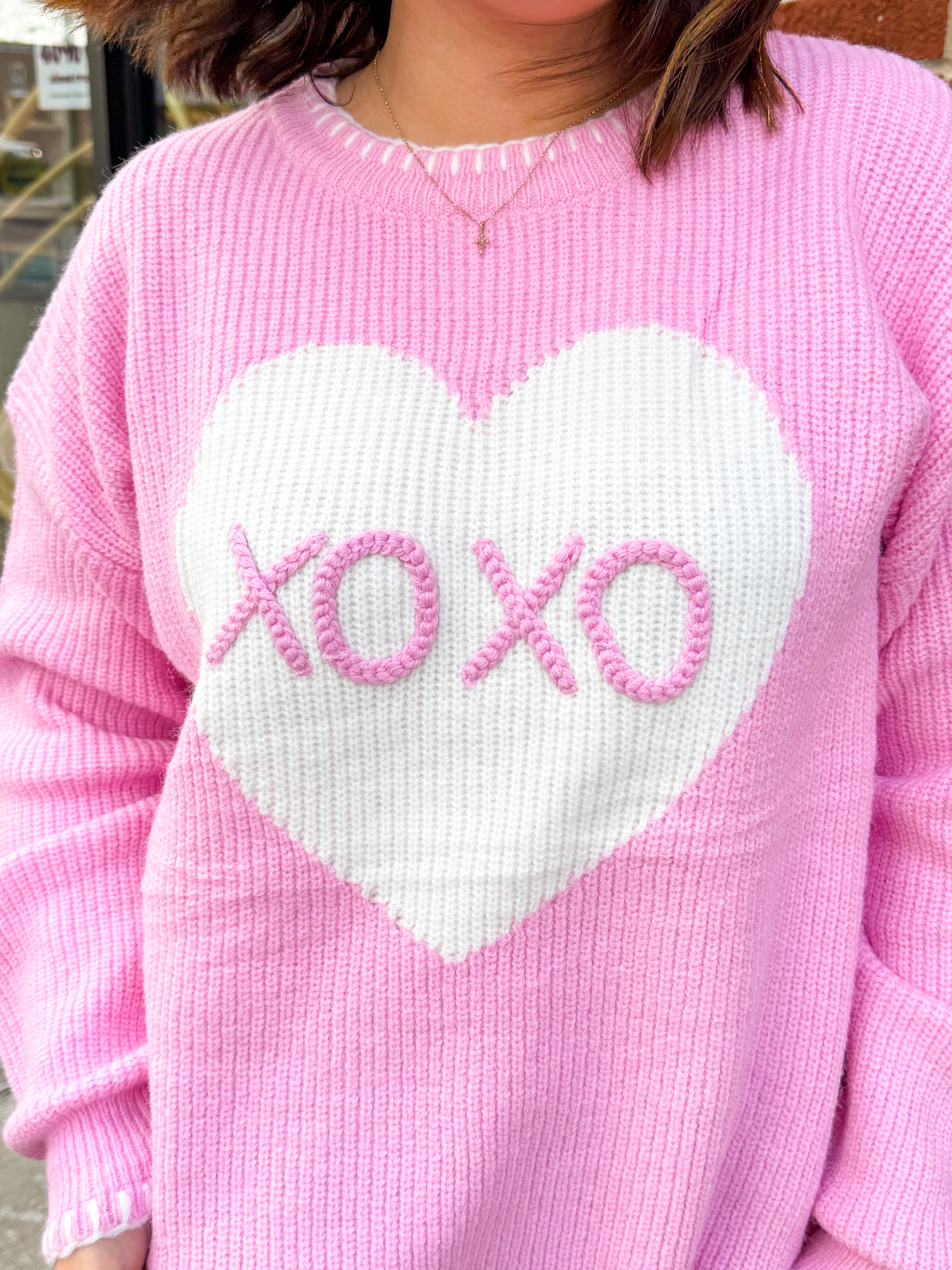 XOXO Pink Heart Sweater-Tops - Sweaters-Main Strip-Peachy Keen Boutique, Women's Fashion Boutique, Located in Cape Girardeau and Dexter, MO