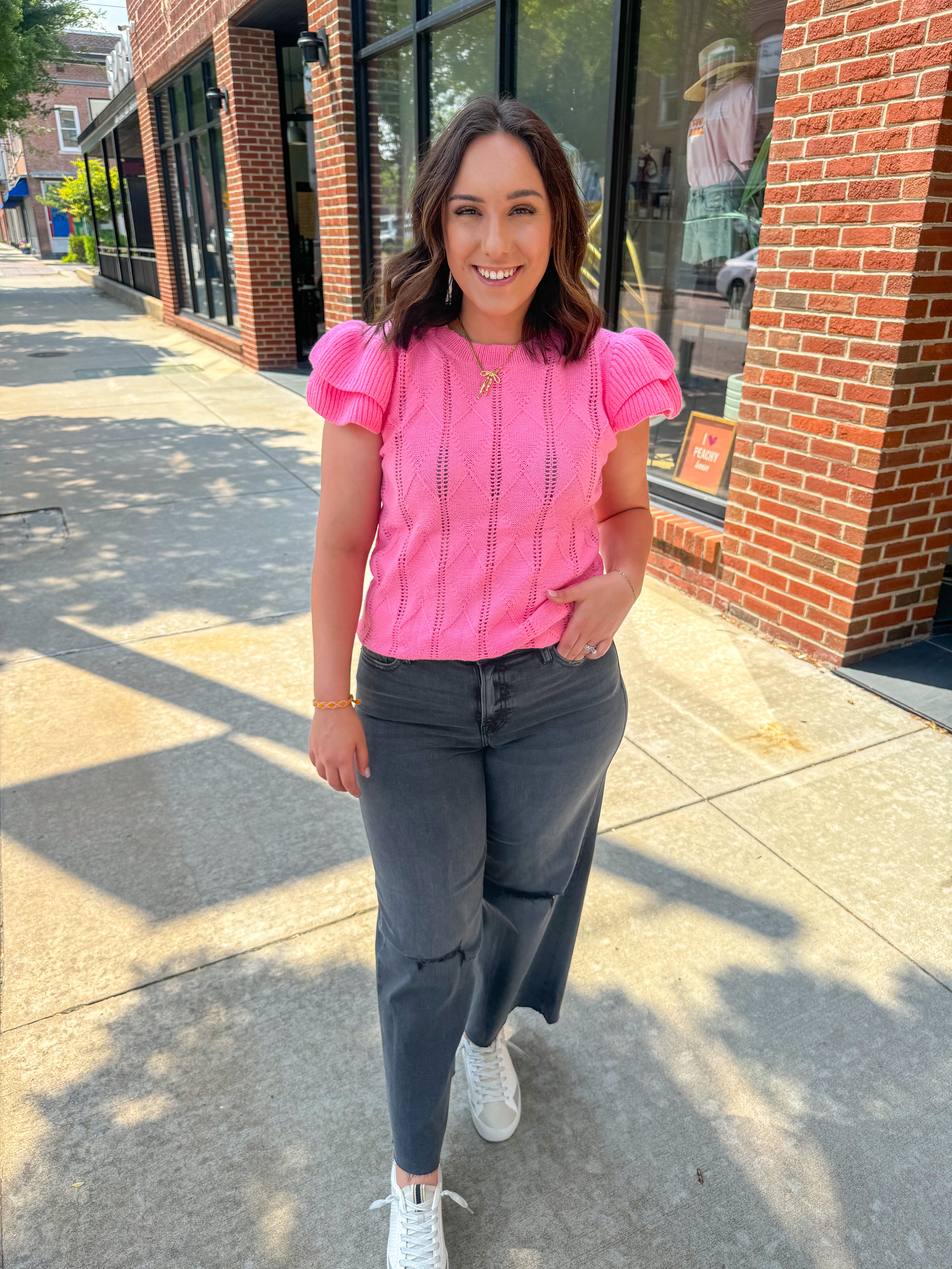 Chrissy Flutter Sleeve Pink Knit Top-Tops-So Me-Peachy Keen Boutique, Women's Fashion Boutique, Located in Cape Girardeau and Dexter, MO